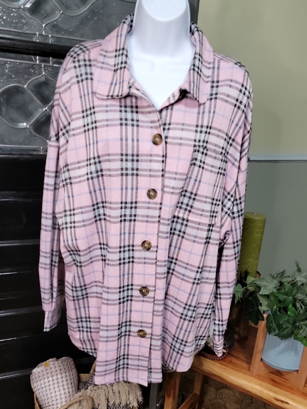 #91 les Amis Pink Plaid Oversize Button-Up Shacket Pleat Pockets Women Size S,L